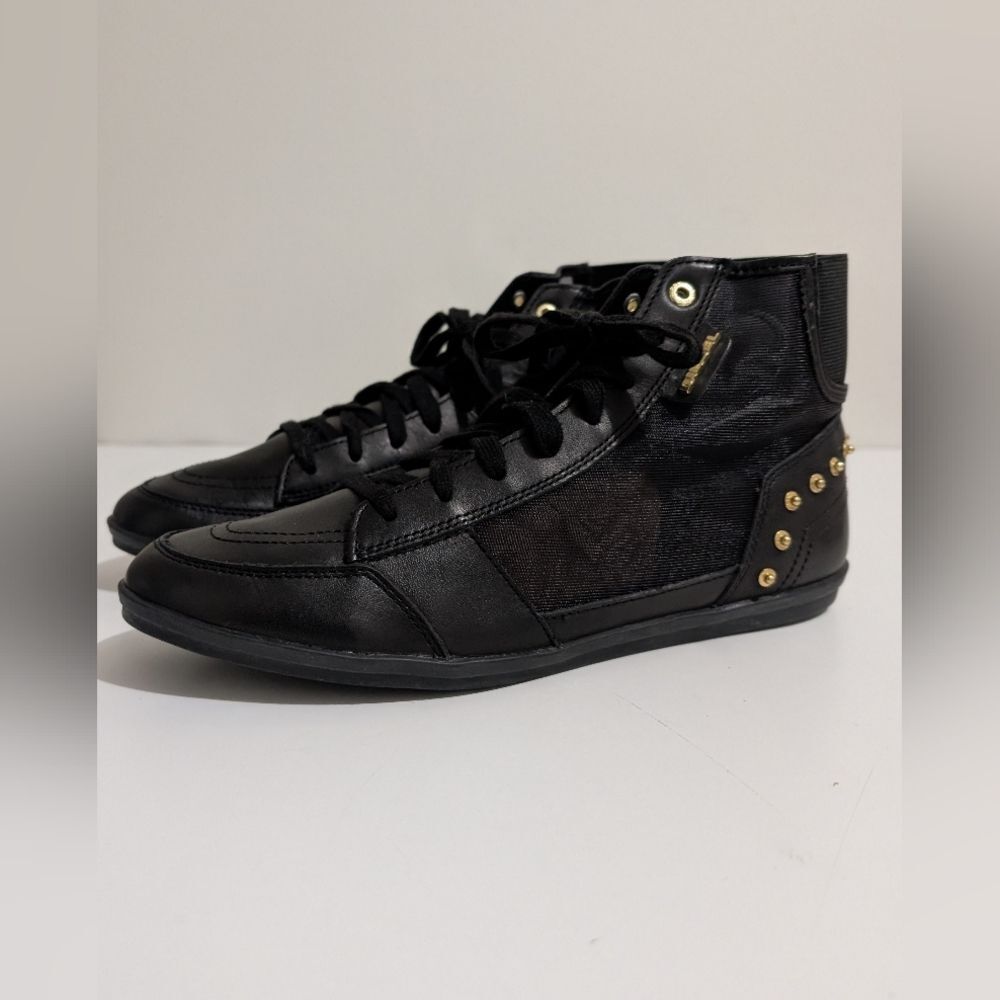 Diesel black leather and mesh sneakers with gold accents pointed toe (8)
